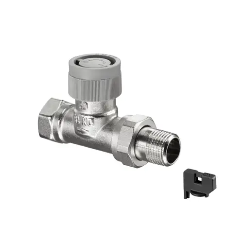 Thermostatventil aus vernickeltem Messing von Oventrop mit einem Handrad zur Regelung der Durchflussmenge. Anschlüsse für R 3/8. Inklusive passendem Clip.